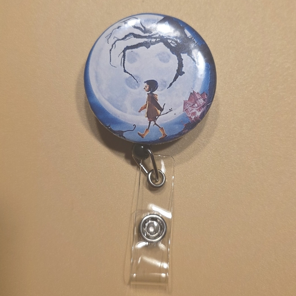Coraline Badge Reel Handmade / Fanmade ID‎ Holder Other World Under Moon w/ Cat